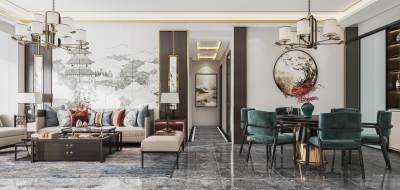 新中式客餐厅 客厅沙发茶几 电视背景墙 餐厅 单椅 餐桌椅 吊灯